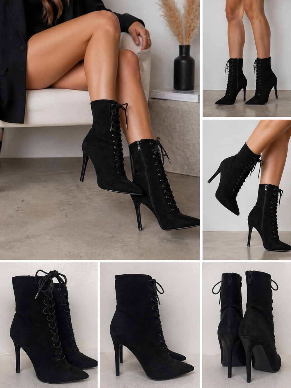 Black | Lace-Up Stiletto Ankle Boots | Pointed Toe Heeled Booties